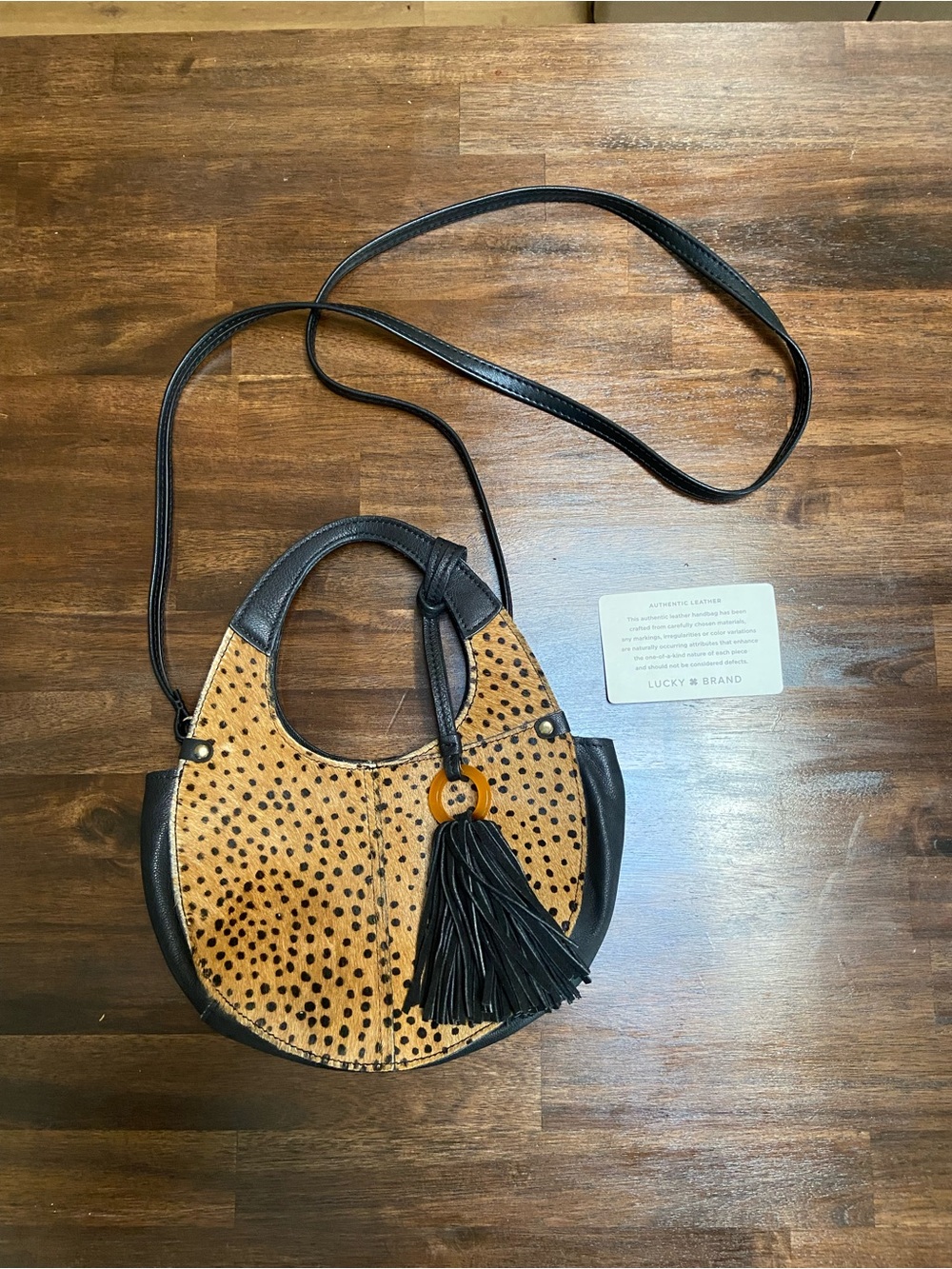 Lucky Brand Black & Tan Crossbody Bag with Tassel Leather and Calf Hair NWOT